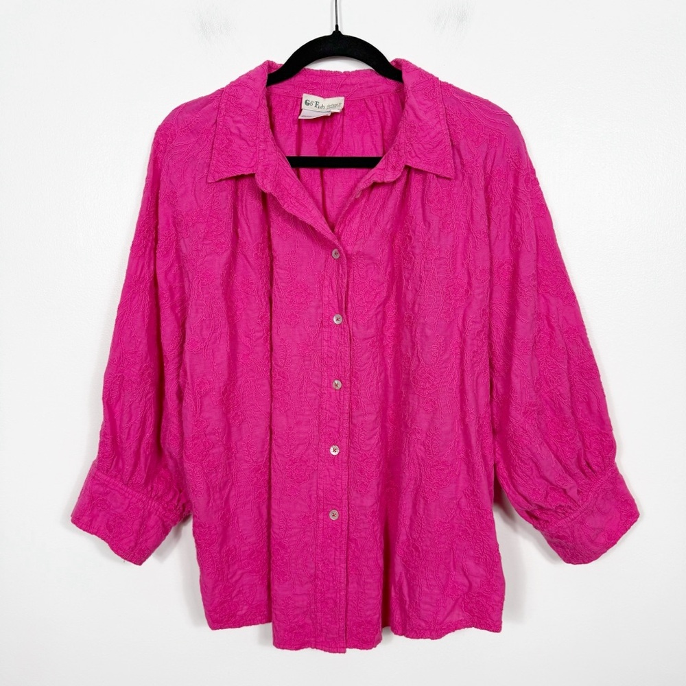 Go Fish Clothing & Jewelry Co. pink embroidered tunic button front cotton top XL